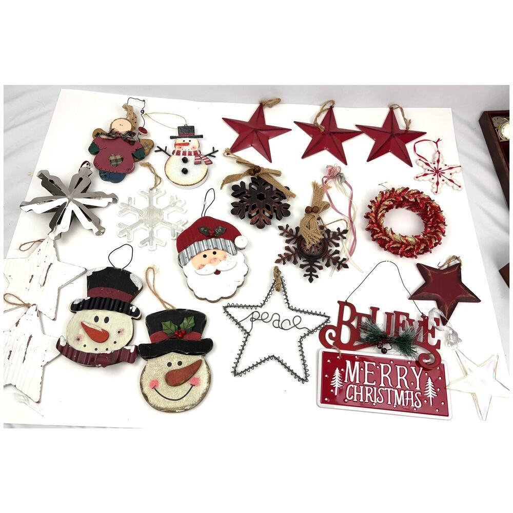 Lot of 22 Holiday Ornaments Christmas Stars Wooden Santa‎ Metal Bundle